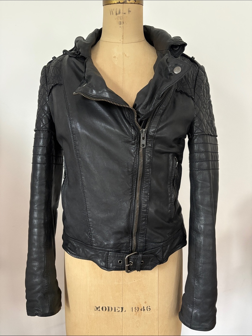 Muubaa Black Quilted-Panel Leather Biker Jacket Belt UK 10 US 6 runs small